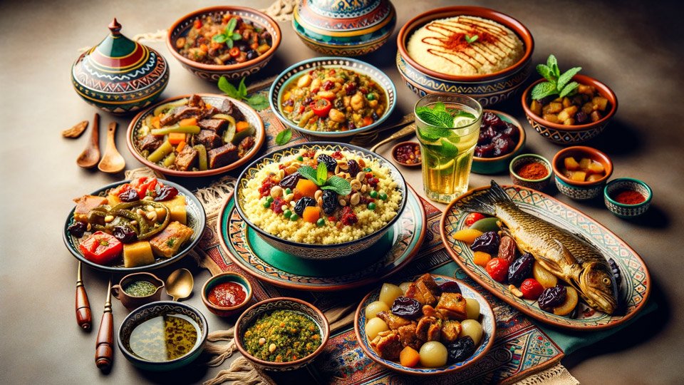 Photo of a traditional Algerian Cuisine spread showcasing a variety of dishes. In the center, a steaming bowl of couscous-garnished with vegetables and meat